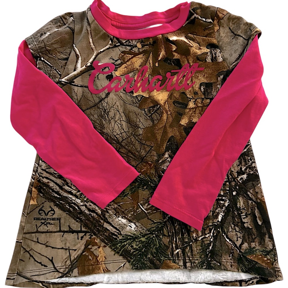 Carhartt Real Tree Camo Hot Pink Layered Ling Sleeve Ringer Neck Logo Tee- Sz 3T